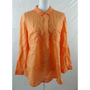 Chicos Womens Linen Top Sz 2 Orange Snap Large Popover Pullover Long Sleeve